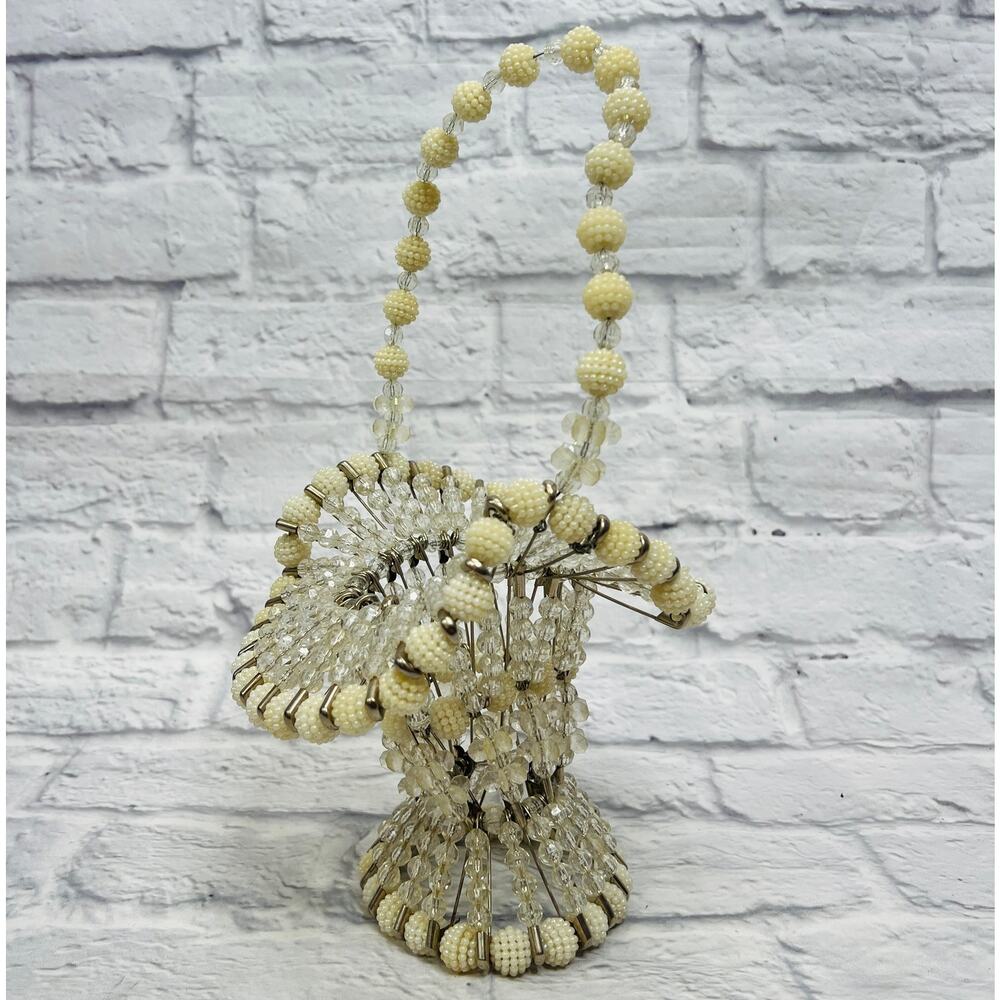 Vintage Handmade Beaded Safety Pin Basket Mid Century Pearl Silver 12" tall